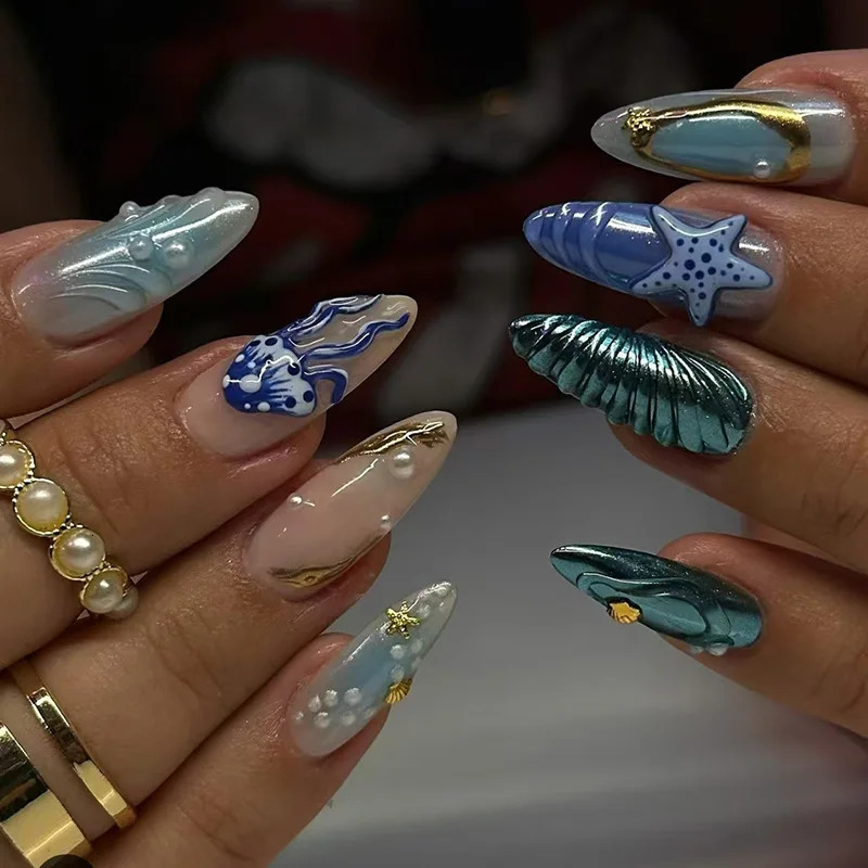 24pcs Almond False Nails Tips Summer Beach Colorful Nails Sets with Pearl Flower n Press on Nails Art Wearable Fake Nail 250611
