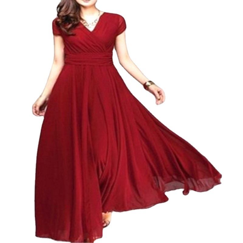 X619Cross-border V-neck short-sleeved Bohemian chiffon waist dress evening gown