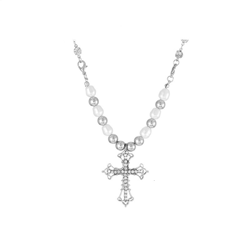 2025 Luxury Premium Niche Sweet-Cool Cross Pearl Pendant Trendy Hip Hop Y2K Sweater Clavicle Statement Chain for Women Silver fashion jewelry necklace