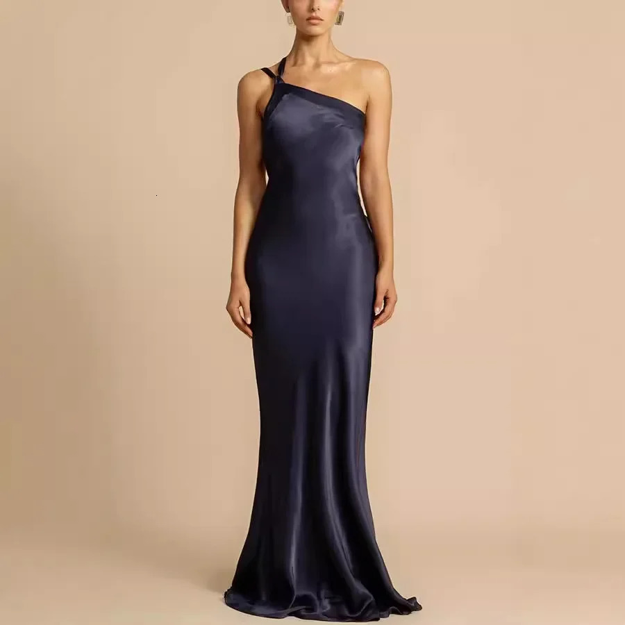 2025 Summer Women Evening Dress Satin One-shoulder Black Trumpet Elegant Long Dresses Female Fashion Party Club Vestidos Ladies 250617