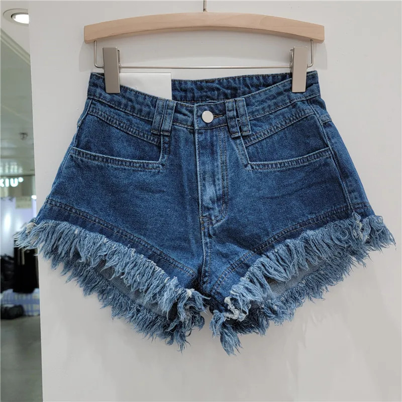 Orange Denim Shorts Women Green Pants Summer Womans Clothing All-Match Ins Fashion Wide-Leg Ripped Tassel Shorts 250614