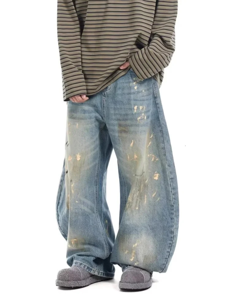 2025 Cyber Y2K Streetwear Paint Graffiti Blue Baggy Jeans Pants For Men 90S Vintage Clothes Distressed Wide Leg Denim Trousers 250617