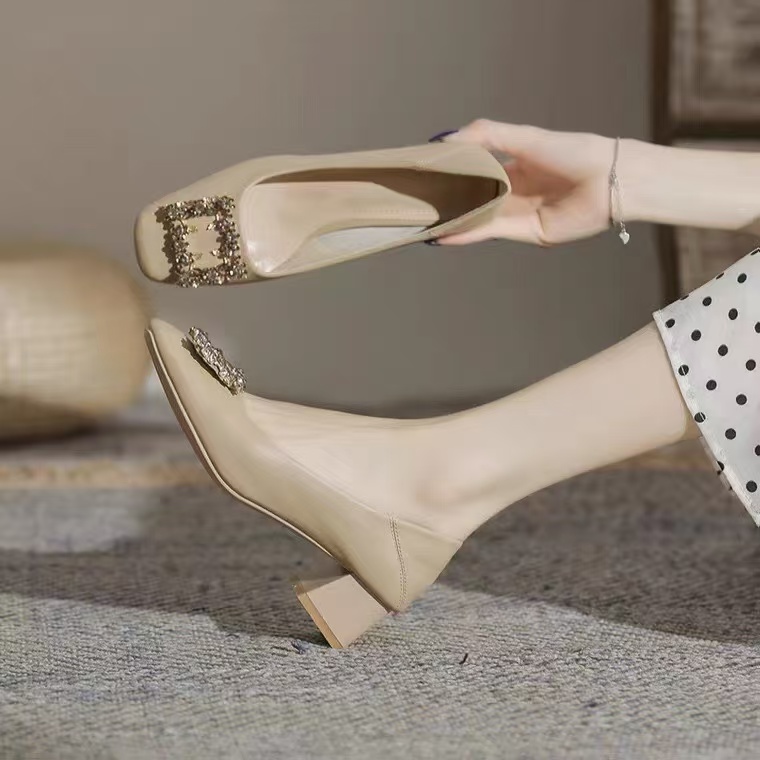 crystal square buckle med-high heels shoes woman new designer leather knitting pumps metal heeled tacones mujer plus