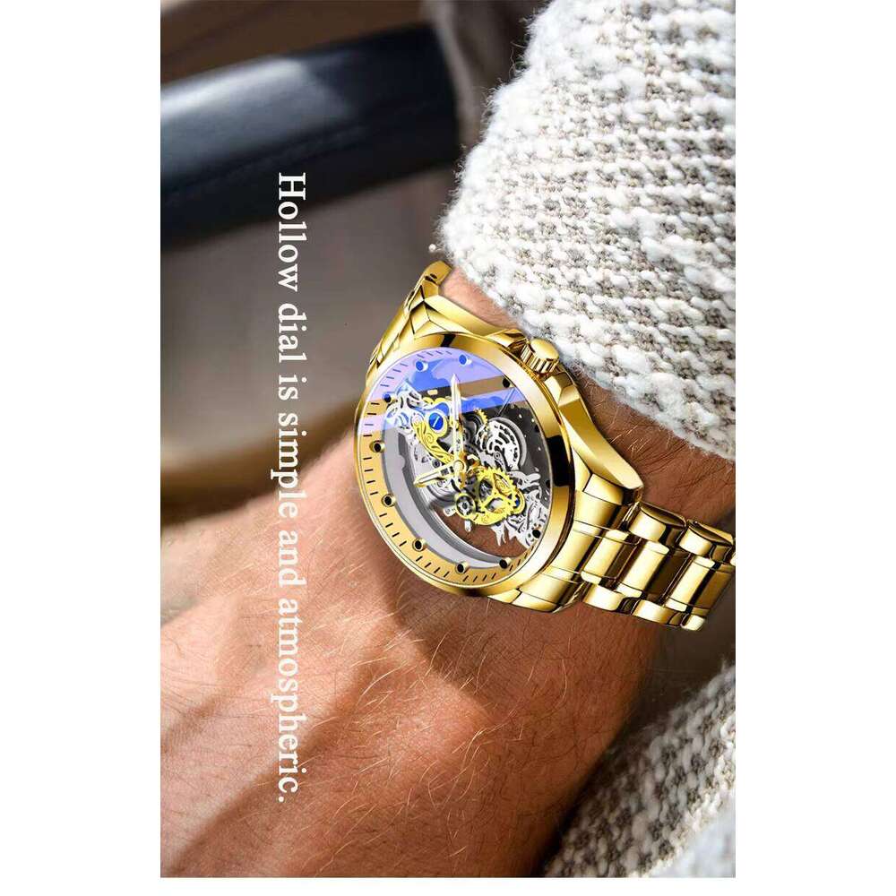 DHgargets New Men Quartz Gold Skeleton Vintage Man Watch