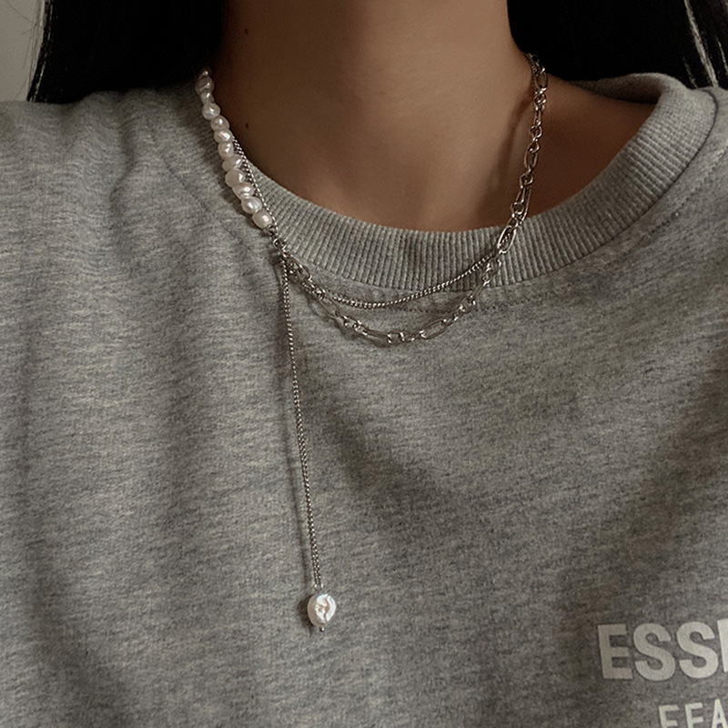 Freshwater Pearl Spliced Tassel Double Layer Necklace Sweet Cool Stylish Design Clavicle Chain Fashion Chic Statement Jewelry for Women