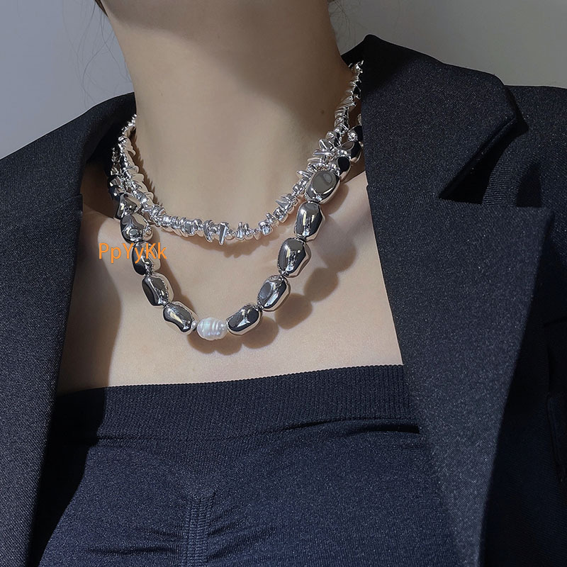 Trendy Personality Fashion Silver Irregular Beaded Necklace Niche Pearl Simple Elegant Clavicle Chain Hip Hop Trend