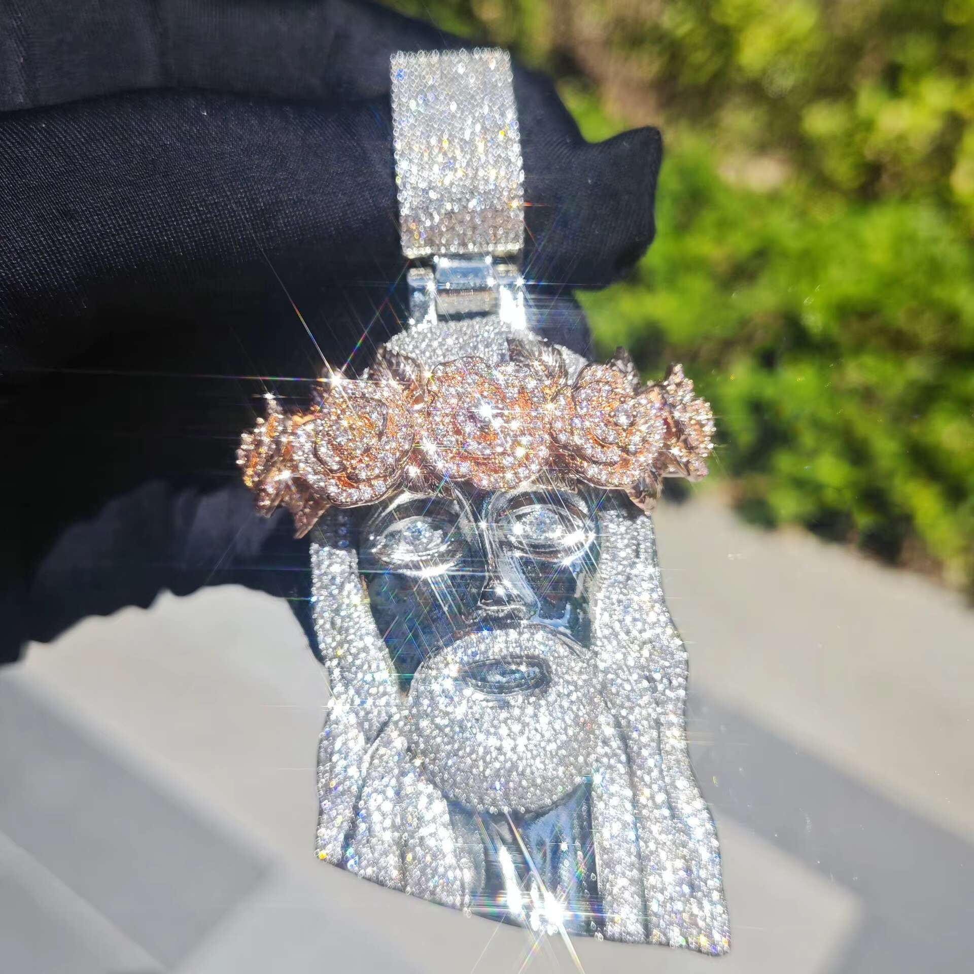 Rose Gold Twe Tone Huge Spooky Big Jesus Head Zircon Charm Iced Out Rose Crown Jumbo Pendant Cubic Zirconia Necklace for Men