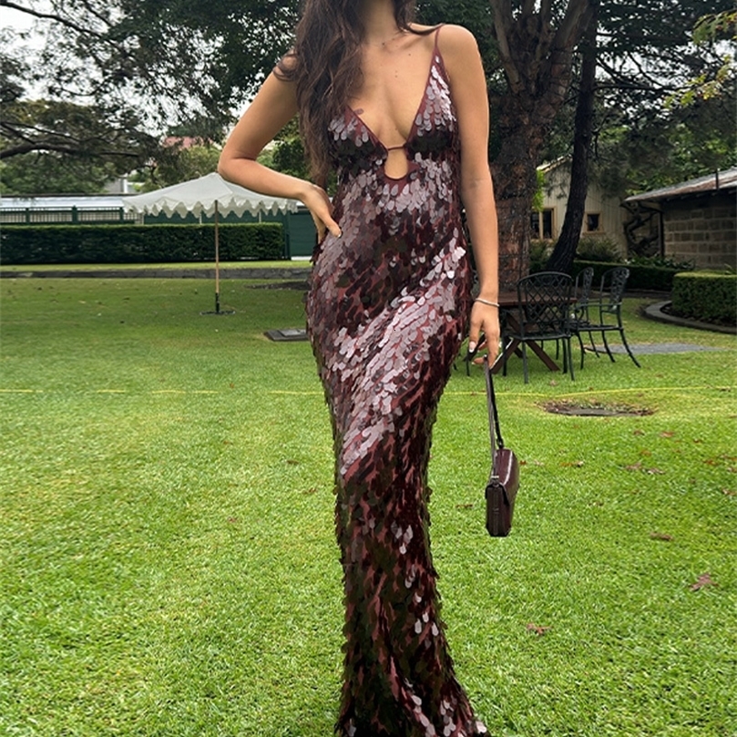 Droplet Sequined Slip Dragging Dress Women Sexy Deep V Sleeveless Backless Bodycon Party Evening Dresses Chic Ladies Gown Robes 250619