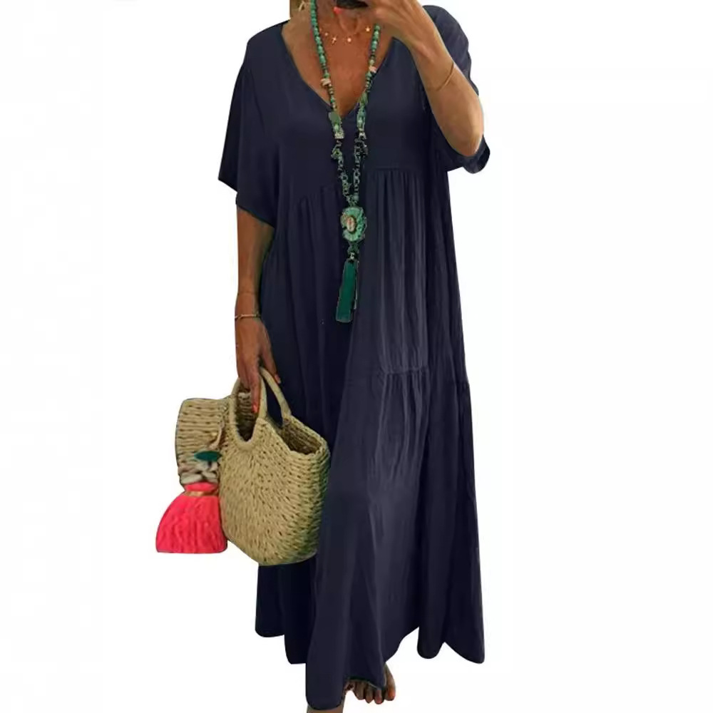 B619European and American new V-neck irregular multi-color multi-size long swing dress