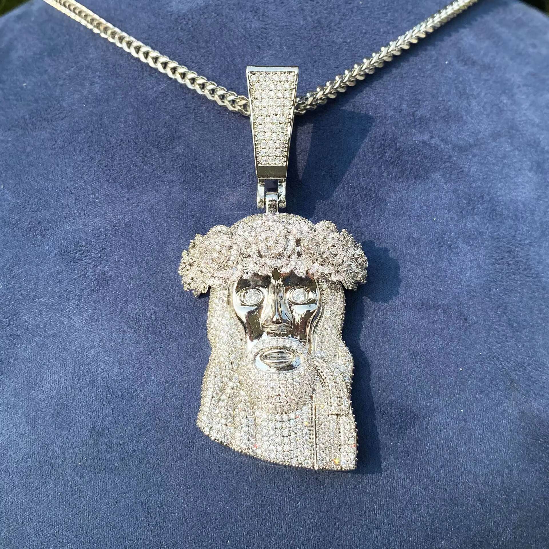 Rose Gold Tone Huge Spooky Big Jesus Head Zircon Rose Crown Charm Jumbo Pendant Green Cubic Zirconia Necklace