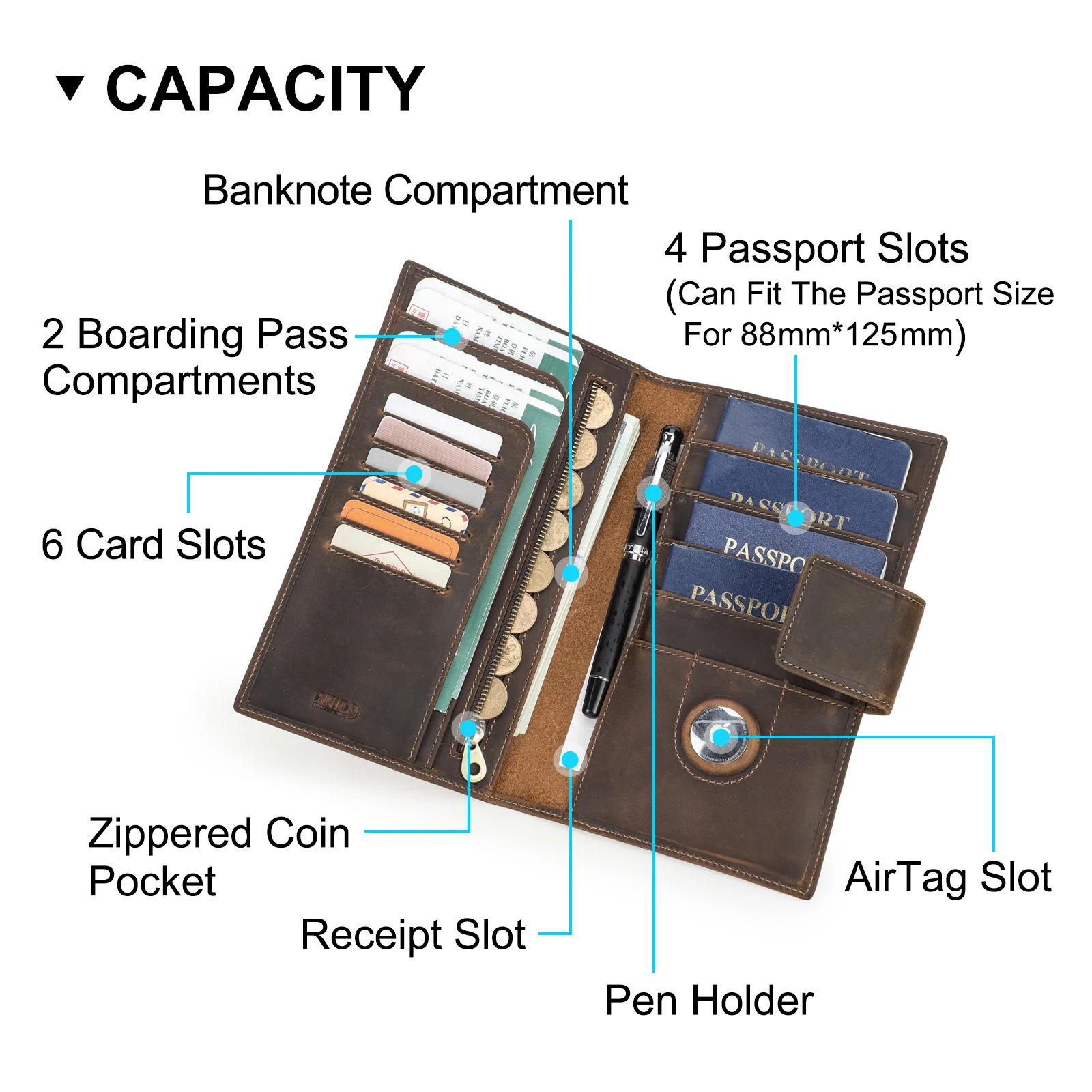 CONTACTS Genuine Leather Family Passport Clutch Wallets RFID Card Holder AirTag Slot Cover Families Travel Bag Handbag 250614