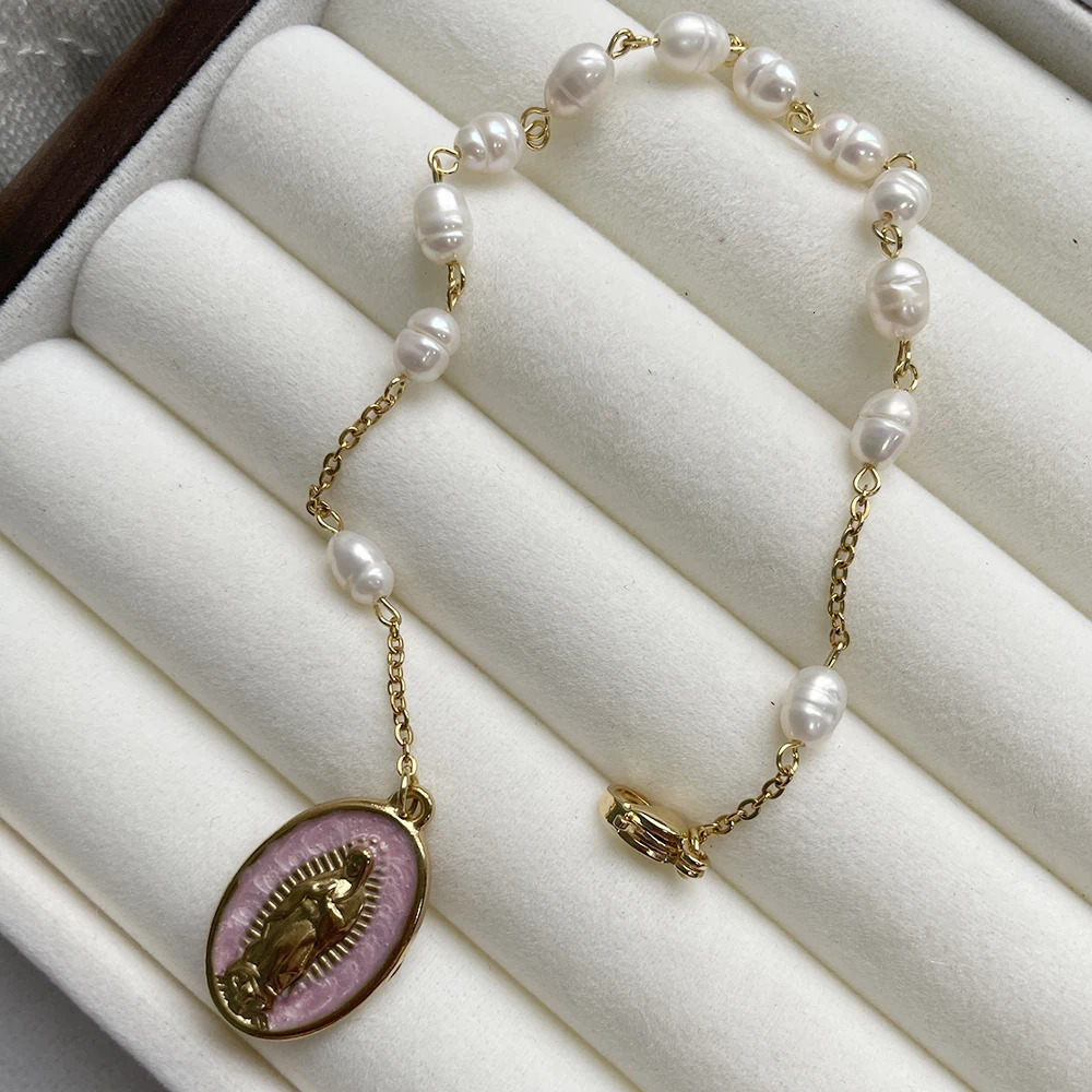 Natrual Pearls Beads Rosary Bracelet with Gold Color Stainless Steel Chain Virgin Mary Charm Spiritual Jewelry for Women gift 250617