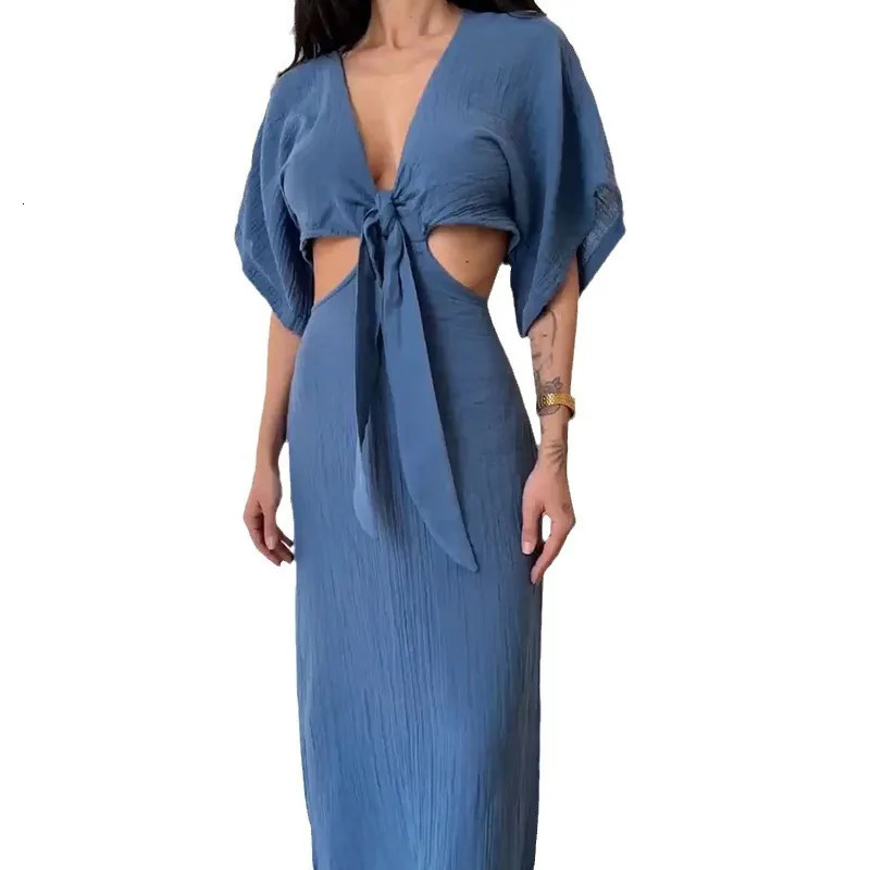 Solid Cotton Linen Dresses Women Sexy Spring V Neck Hollow Out Long Dress Summer Backless Batwing Sleeve Slim Party Robe Femme 250618