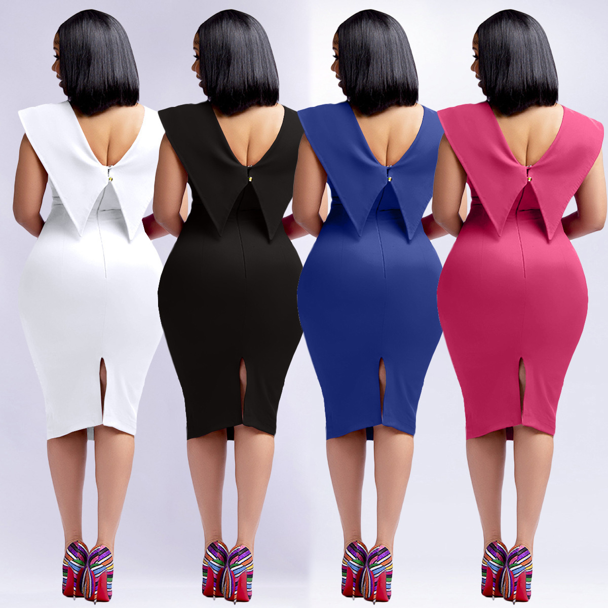 L3182European and American women's office dress sleeveless square neck back zipper slit dress