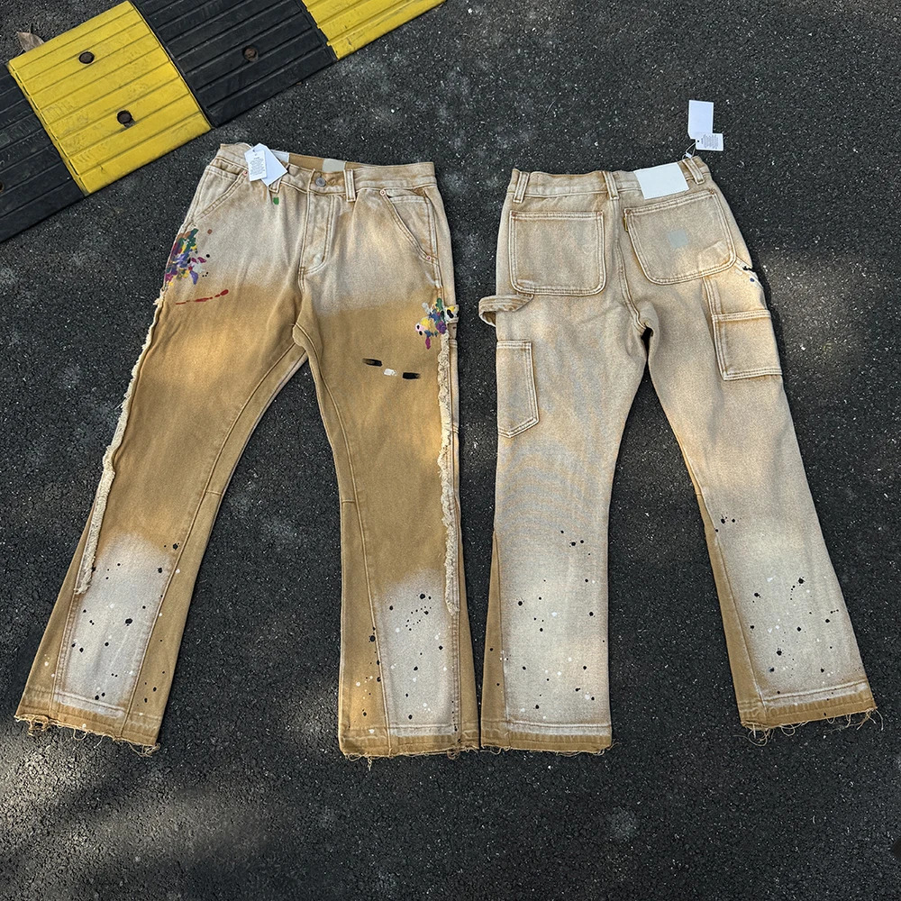 Retro Streetwear Splashed Ink Spliced Baggy Jeans Los Angeles Trendy Tid Die Denim Trousers Men Women Vintage Denim Pants 250617