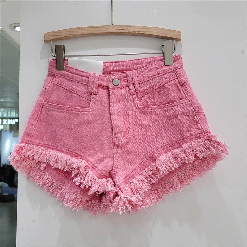 Orange Denim Shorts Women Green Pants Summer Womans Clothing All-Match Ins Fashion Wide-Leg Ripped Tassel Shorts 250614
