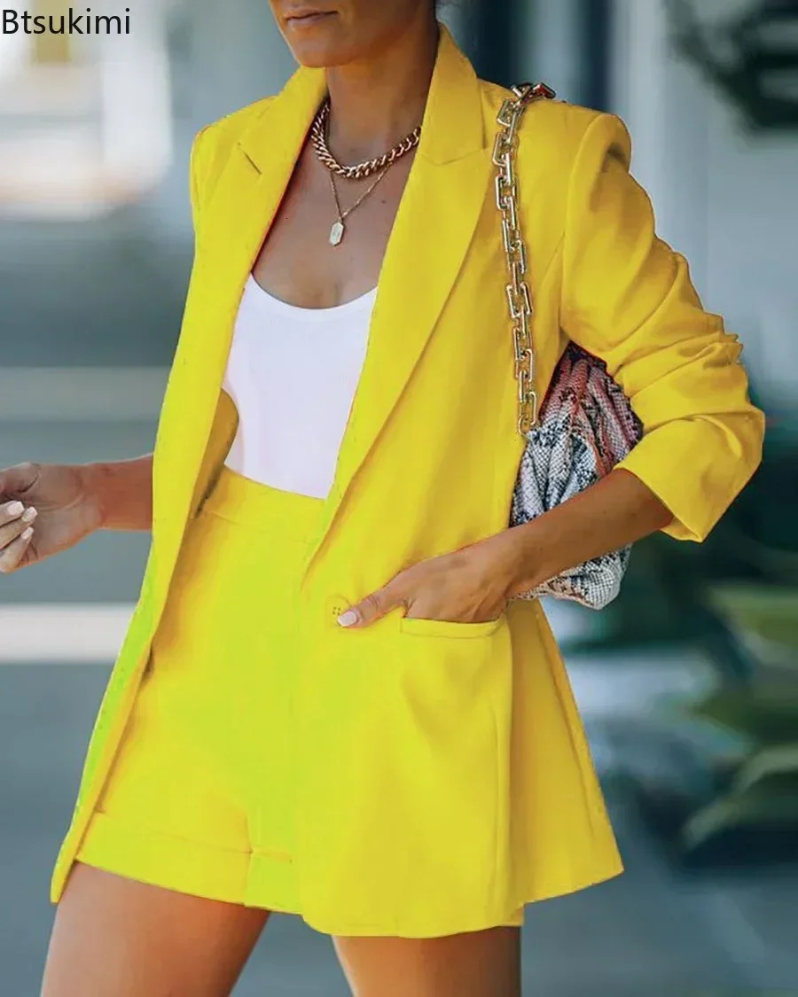 2025 Elegant Two Piece Blazer Suit Sets Women OL Office Sets Slim Cardigan Blazer Shorts Solid 2 Piece Set Casual Blazers Set 250617