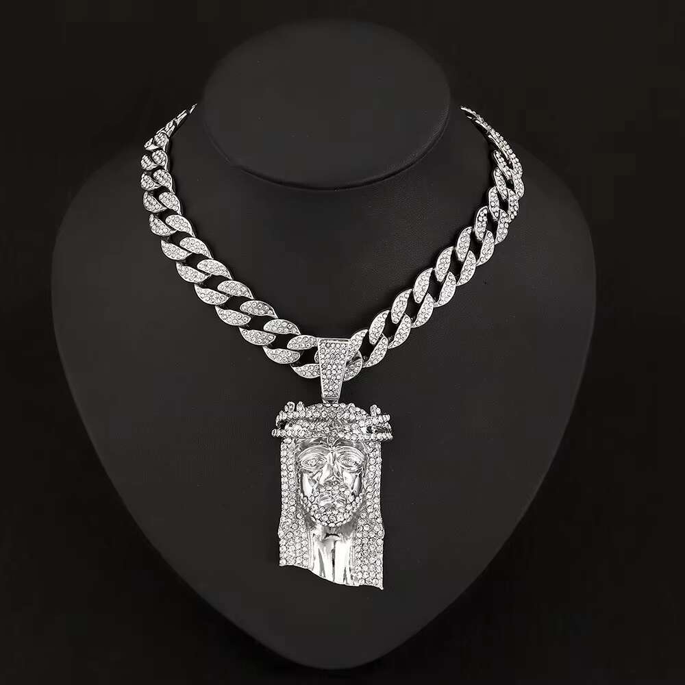 European American Mens Stylish Gold Plated Hip-Hop Necklace Exaggerated Alloy Rhinestone Chains Number Pattern JESUS MAN Face