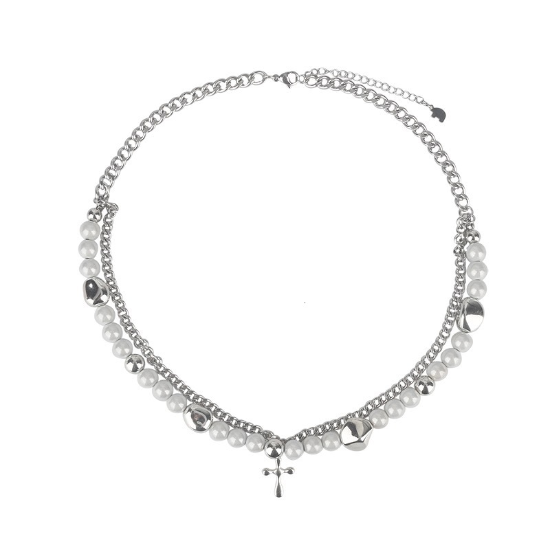 2025 Luxury Premium Iridescent Pearl Cross Unisex Double-Layer Overlapping Splice Hip-Hop Y2K Niche Statement Clavicle Chain Silver fashion jewelry ne