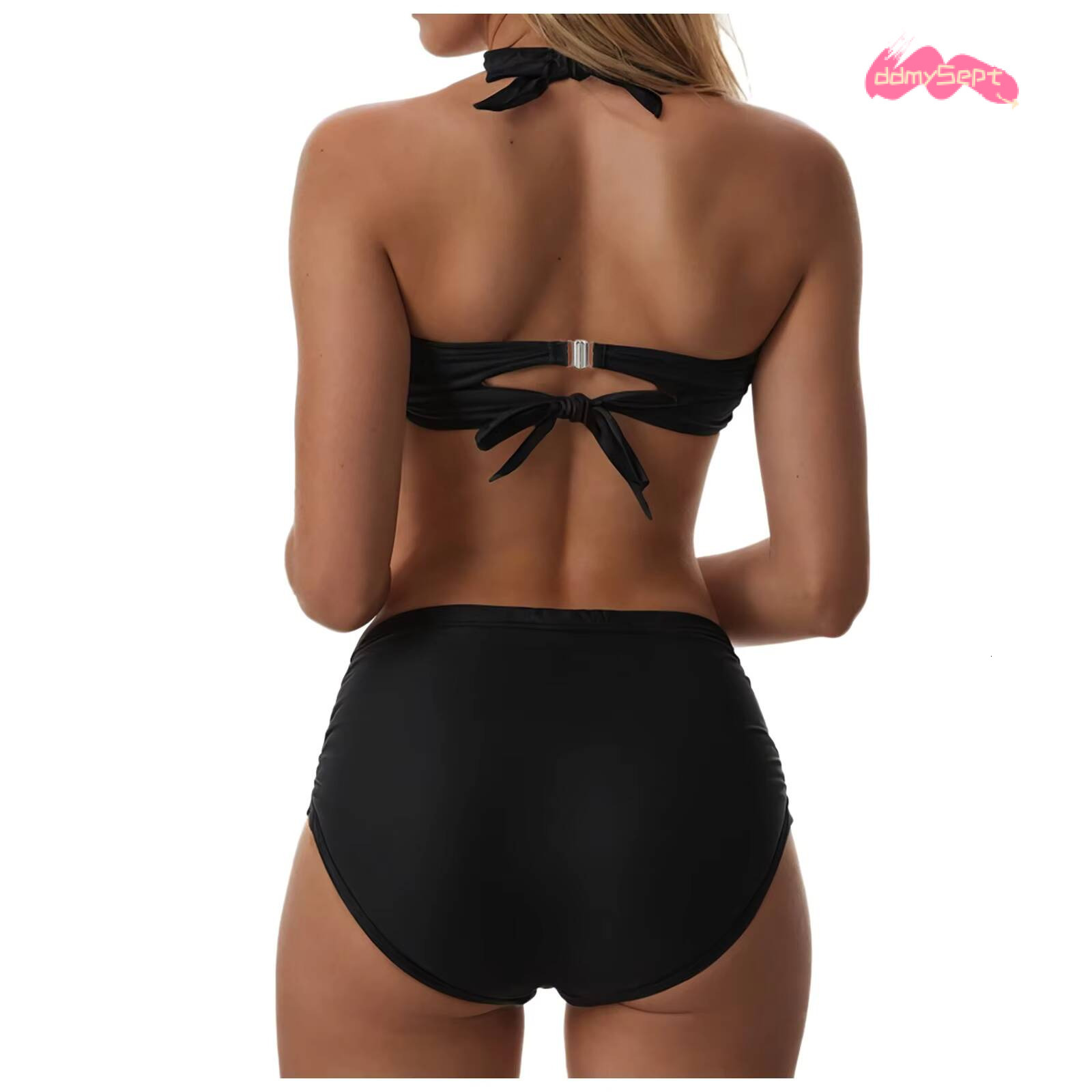 2025 Tankinis Women Two Piece Set Summer Vintage Swimsuit Retro Sling Neck Ruched High Waisted Bikinis Sets With Bottom Trendy ddmysept