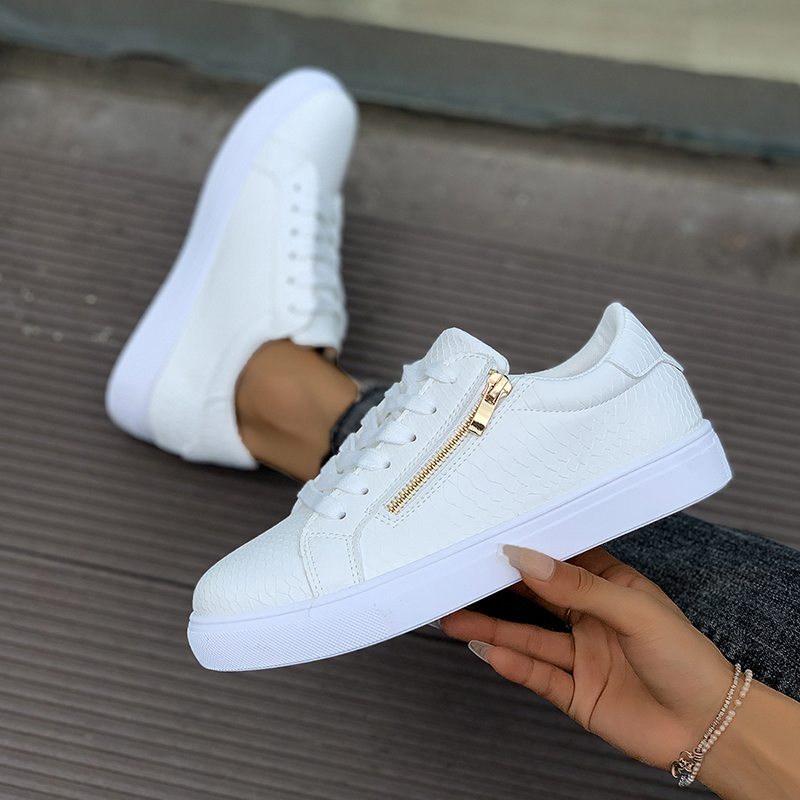 Women's Flat Sneakers Lightweight Comfortable Women's Board Shoes Fashion Hundred Snakeskin Pattern Side Zipper White Casual Shoes