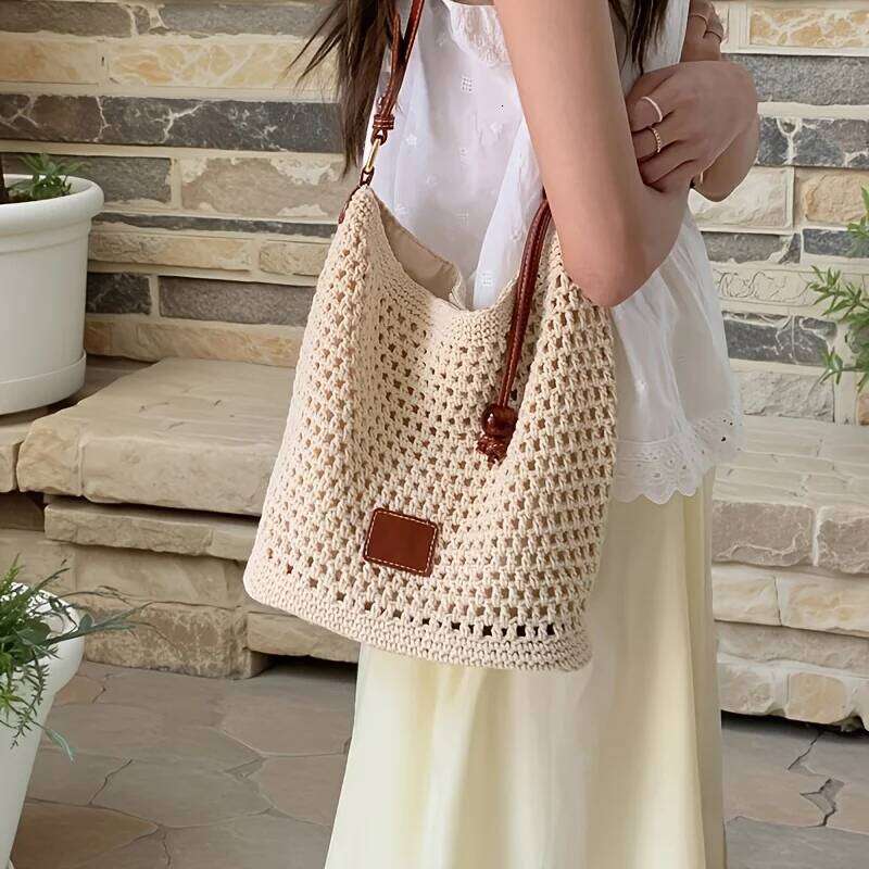 Women's Bags Designer New Summer Women's Woven Crochet Tote Beach Vacation Shoulder Bag Lightweight Cotton Linen Boho Hollow Out Purse