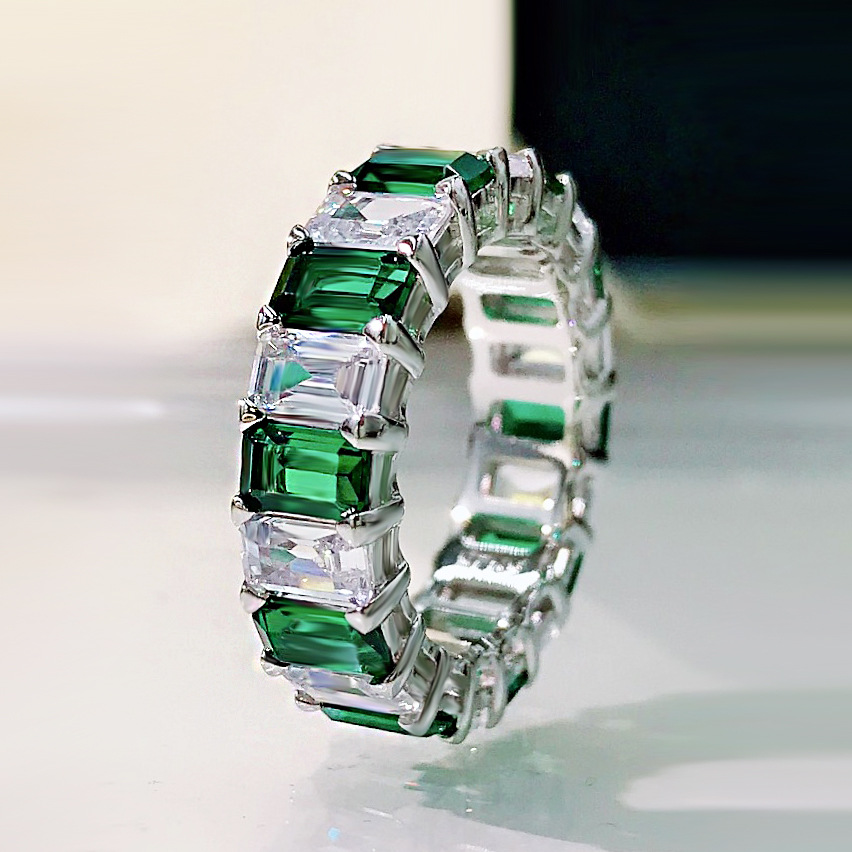 Moissanite Diamond Emerald Cut Eternity Band 925 Sterling Silver Wedding Moissanite Ring