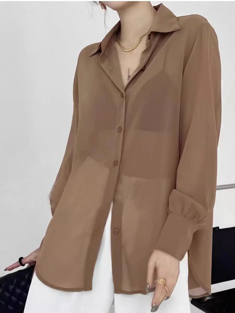 Sun-proof Transparent Shirt Female Mesh Long Sleeve Top Solid Color Summer Loose Chiffon Blouse Korean Fashion Cardigan Ladies 250619