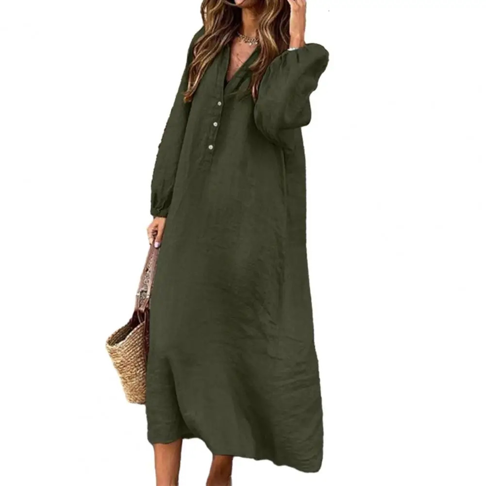 Stylish Button-breasted Dress for Women Elegant V-neck Cotton Linen Dress with Long Sleeves Button Decoration for Summer Ladies 250618