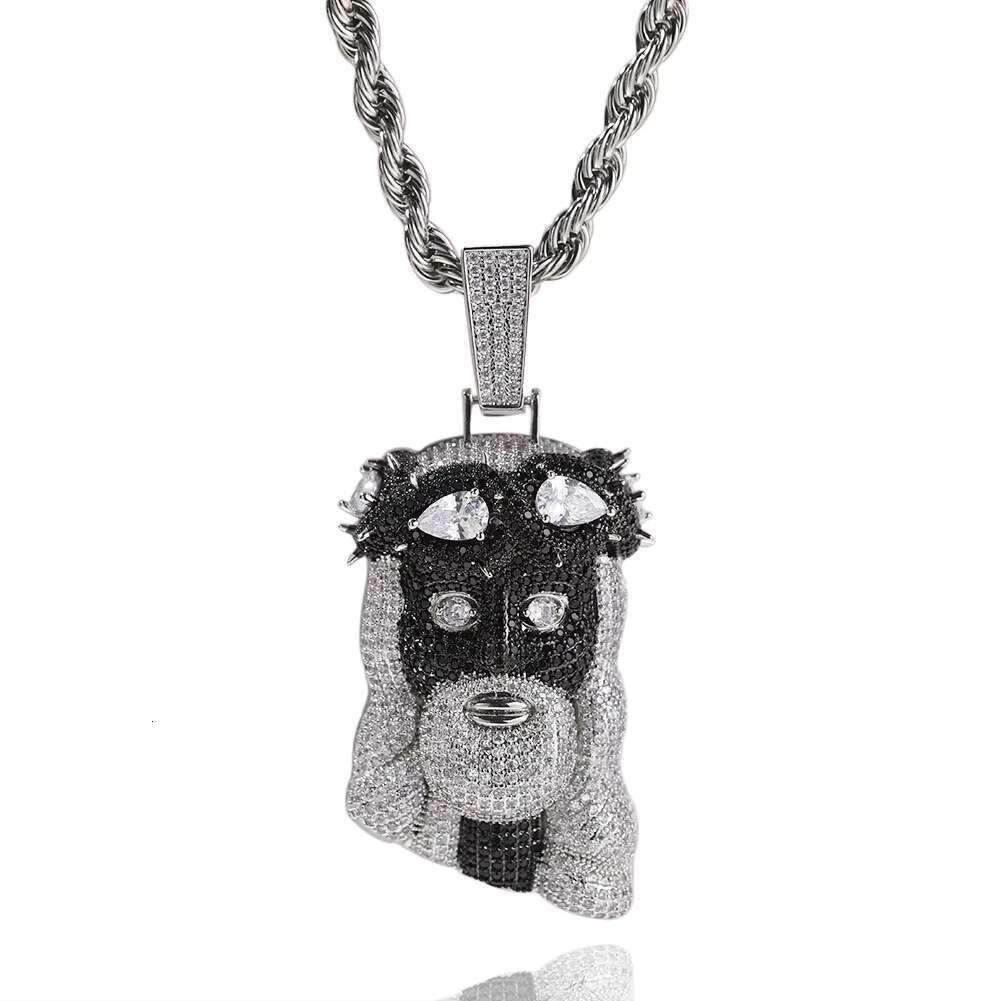 Huge Two Tone Spooky Silver Jesus Head Face Zircon Black Crown Charm Iced Out Jumbo Pendant Black Cubic Zirconia Necklace