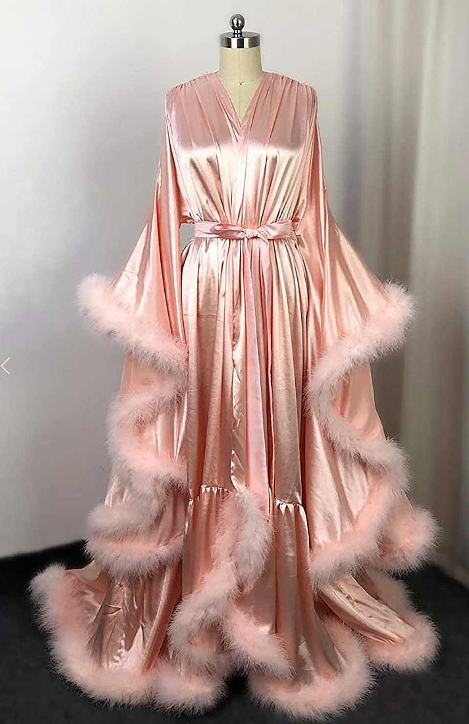 Vintage Slik Robe Dress Feather Bath Gown Long Sleeves Pregnant Wedding Anniversary Bride Sleepwear Nightwear Custom Made