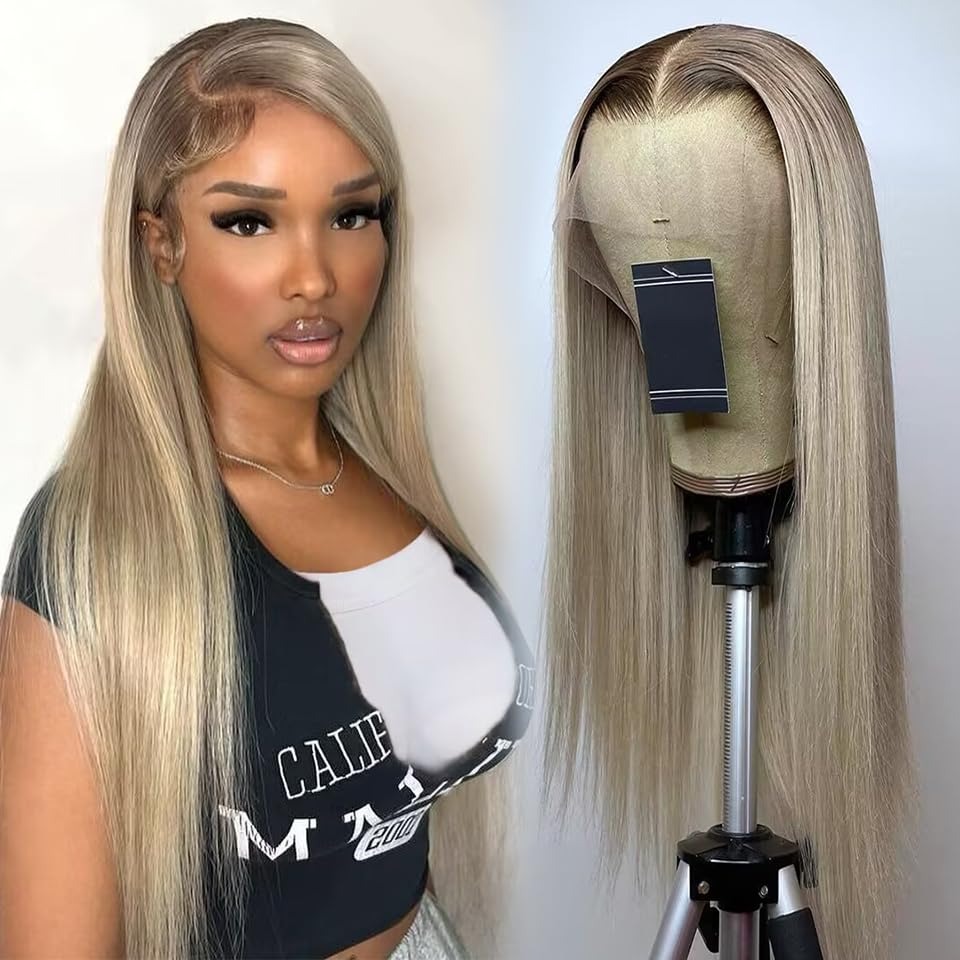 Brown Roots Ash Blonde Straight 13X4 Lace Frontal Human Hair Wigs For Women HD Lace Wig Transparent Lace Closure Lace Front Wig Synthetic