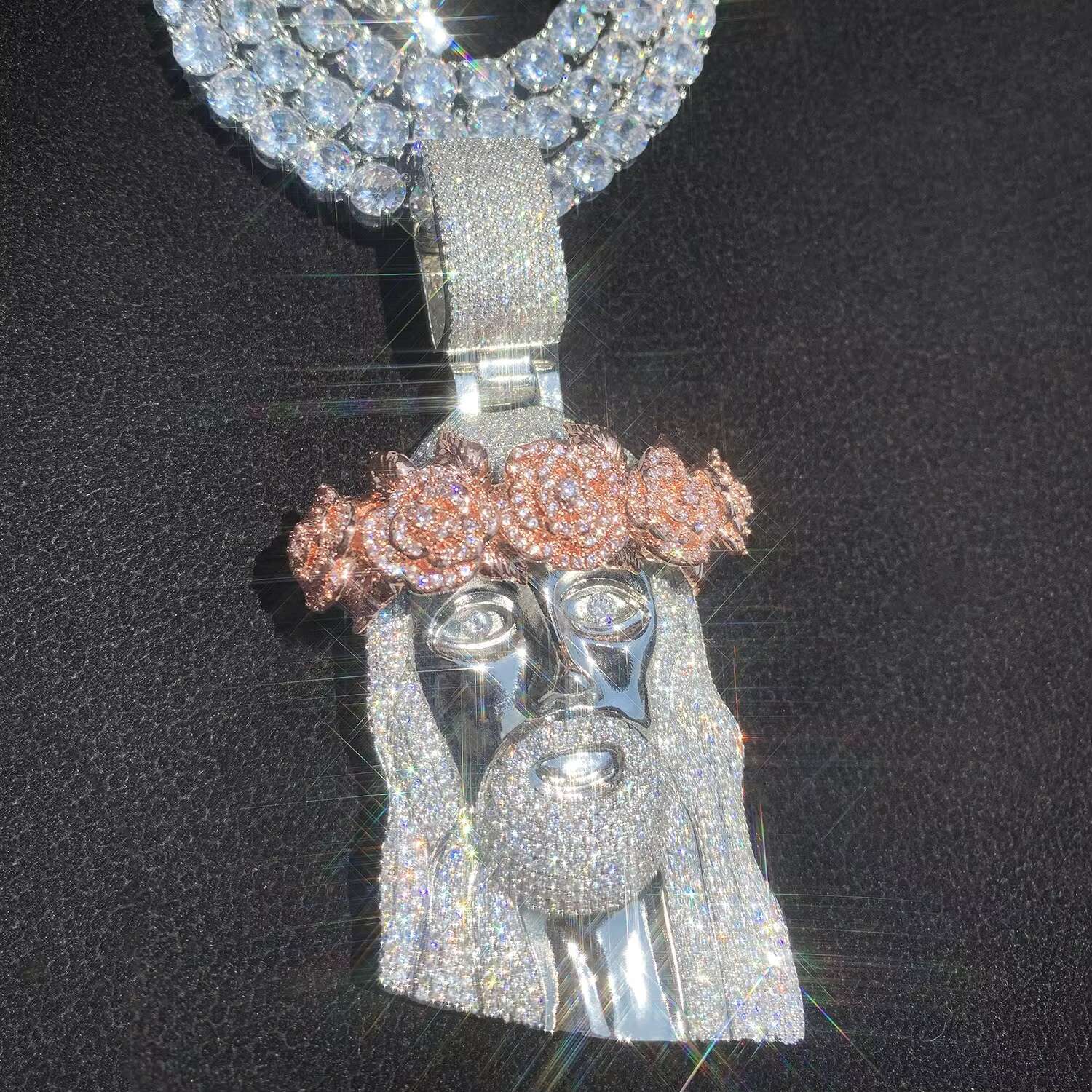 Rose Gold Twe Tone Huge Spooky Big Jesus Head Zircon Charm Iced Out Rose Crown Jumbo Pendant Cubic Zirconia Necklace for Men