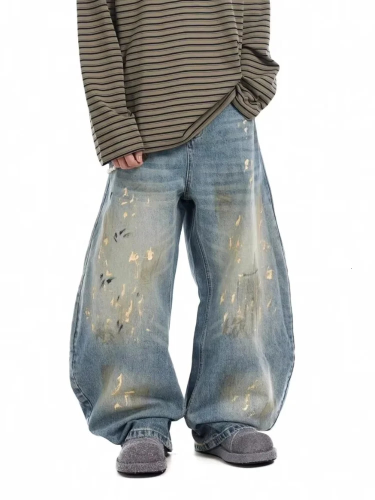 2025 Cyber Y2K Streetwear Paint Graffiti Blue Baggy Jeans Pants For Men 90S Vintage Clothes Distressed Wide Leg Denim Trousers 250617