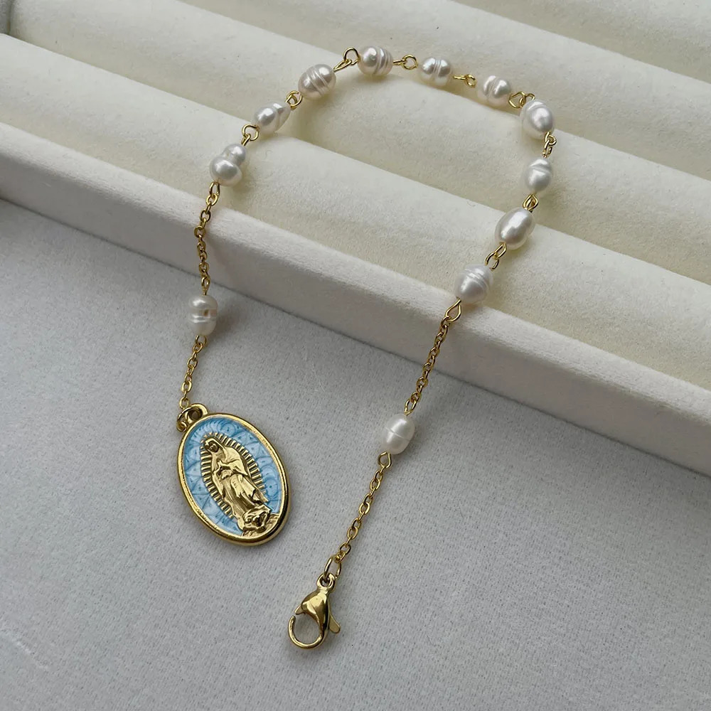 Natrual Pearls Beads Rosary Bracelet with Gold Color Stainless Steel Chain Virgin Mary Charm Spiritual Jewelry for Women gift 250617