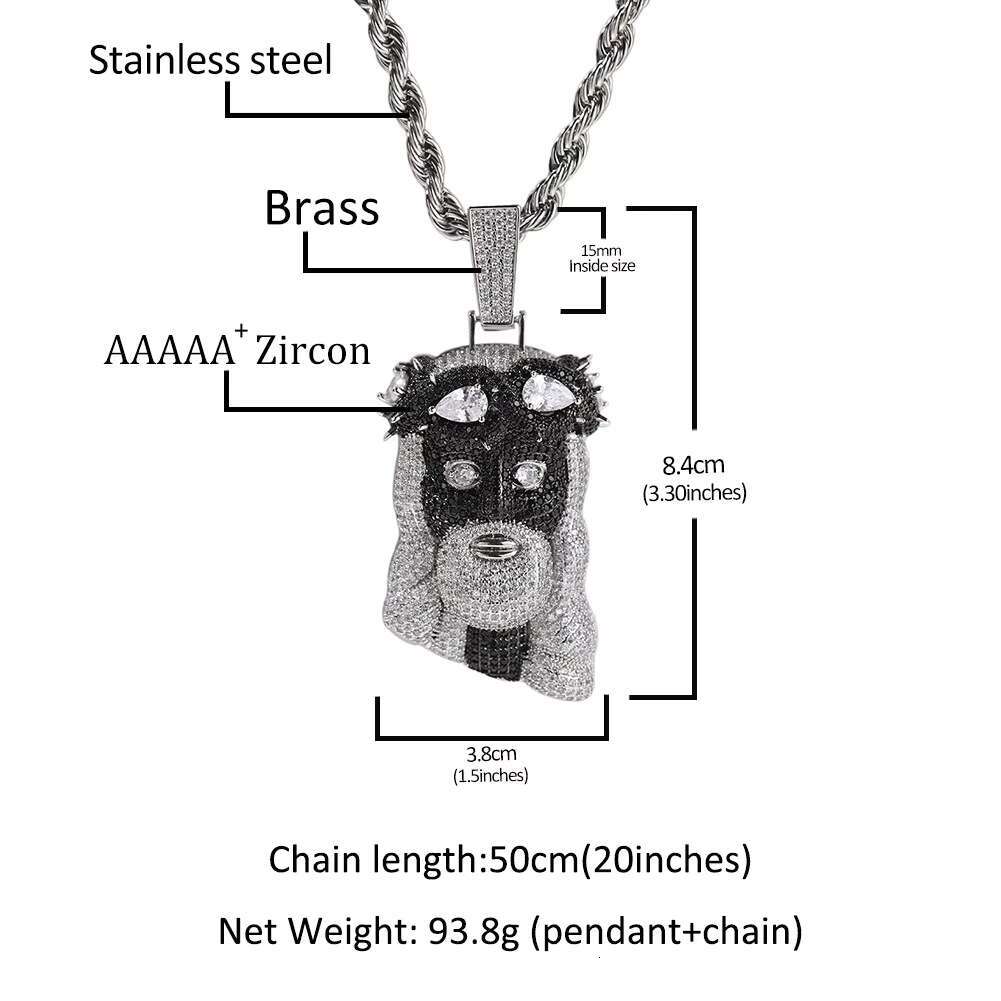 Huge Two Tone Spooky Silver Jesus Head Face Zircon Black Crown Charm Iced Out Jumbo Pendant Black Cubic Zirconia Necklace