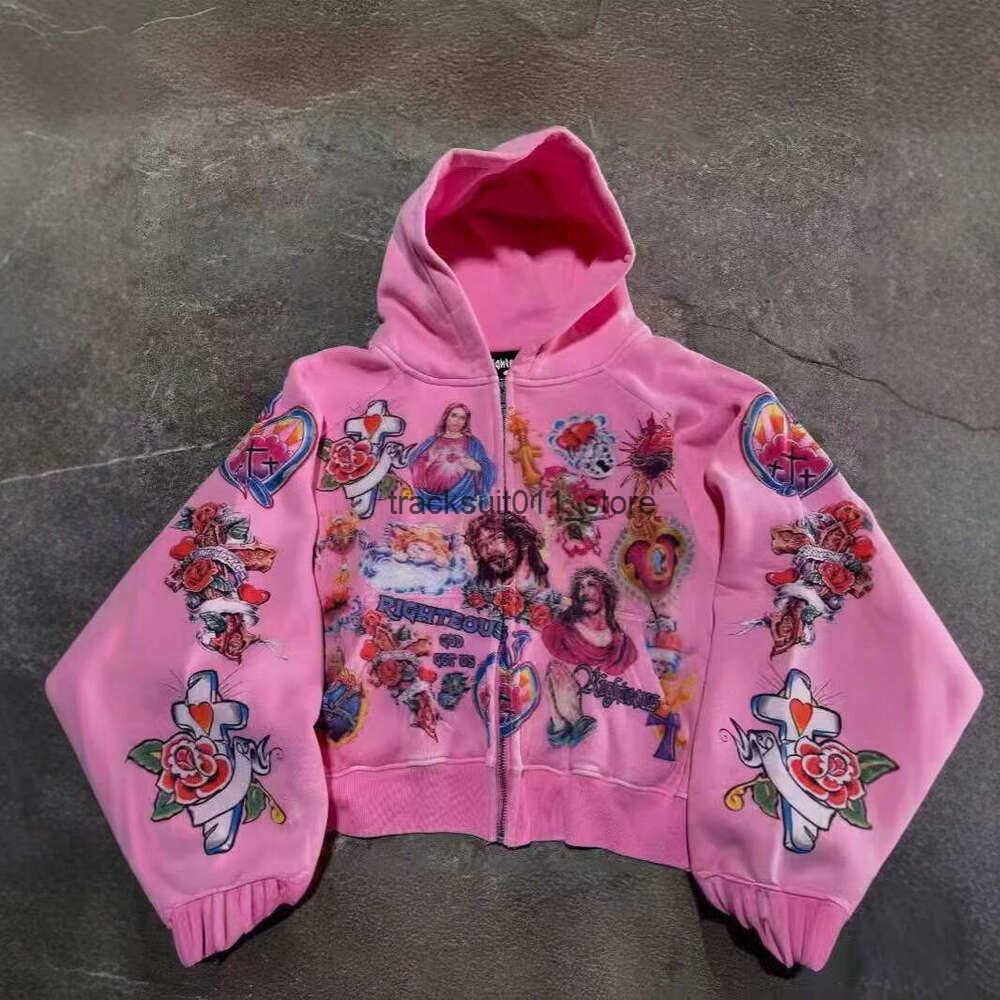 RIGHTEOUS cartoon printed hooded zipper hoodie casual loose new item Q250618