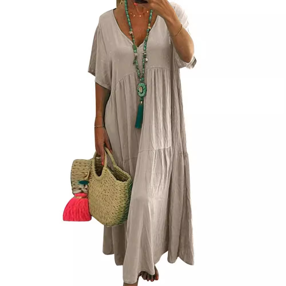 B619European and American new V-neck irregular multi-color multi-size long swing dress