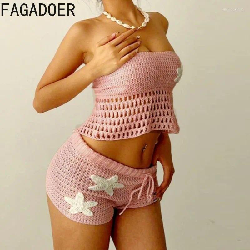 Women's Tracksuits FAGADOER Sexy Knitted Flower Hollow Out 2 Piece Sets Woman Outfit Sleeveless Backless Tops Shorts Suits Female Streetwear