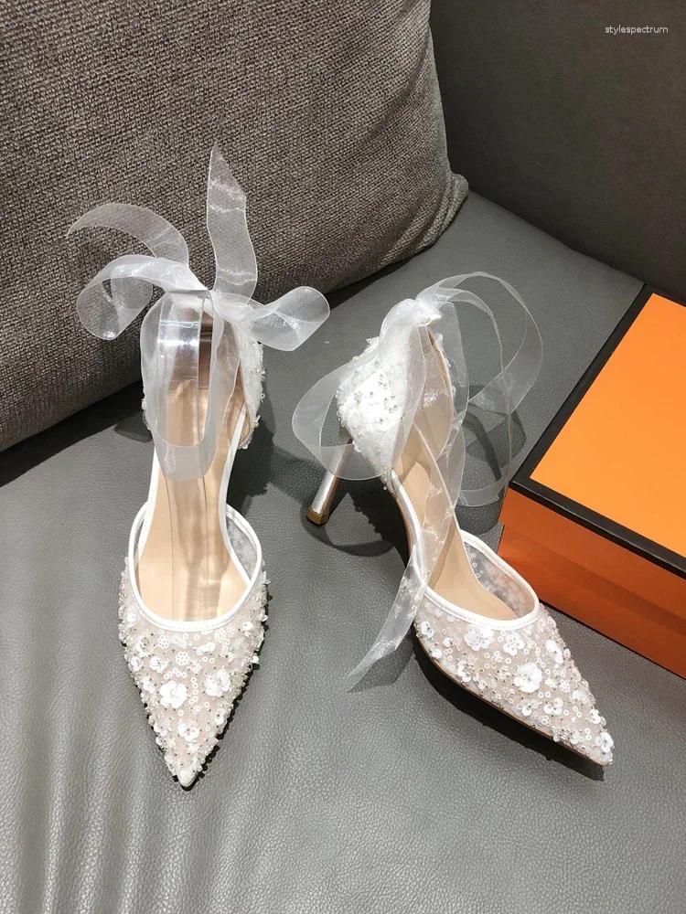 Dress Shoes Wedding Bridal Rhinestone Lace Pointed Silk Ribbon High Heels Women's Style Detailed Order