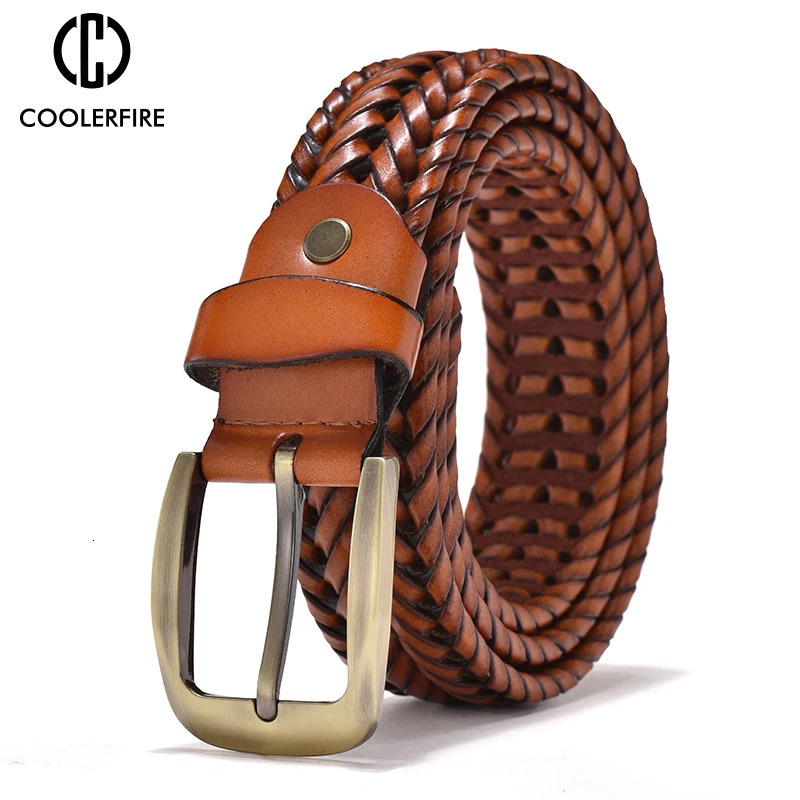 Men Genuine Leather Braided Belts Webbing High Quality Hand Vintage for Gold Pin Buckle Casual Jeans Strap HQ212 250605