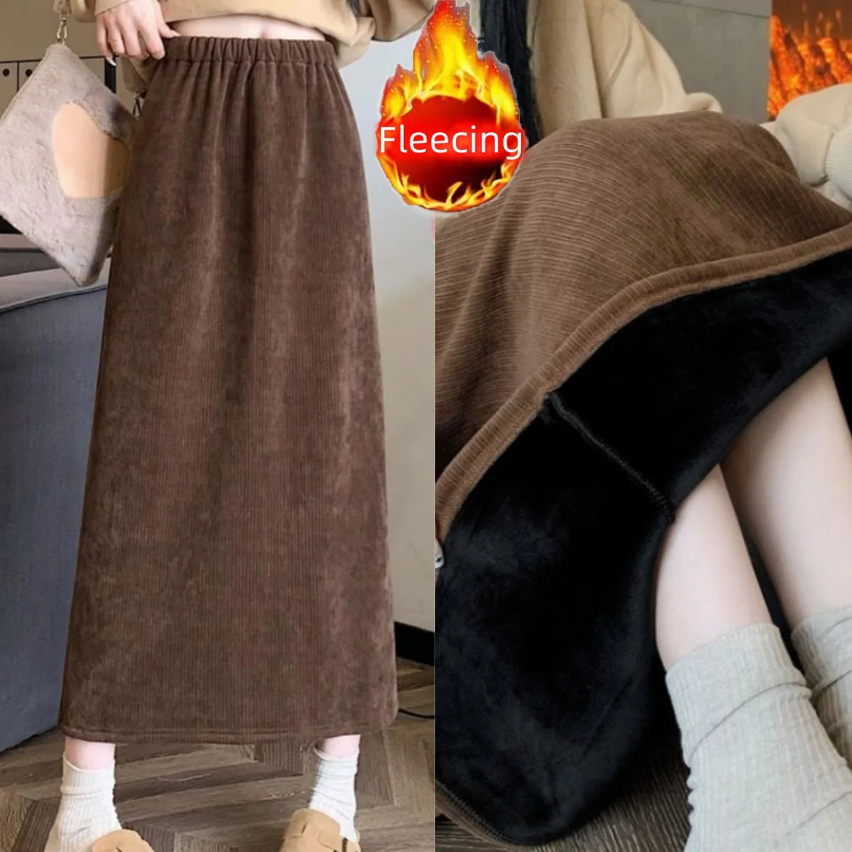 Vintage Elegant Office Ladys A-Line Skirt Back Slit Elastic Waist Thick Womens Skirt In Winter Fleece Warm Females Skirt 250619