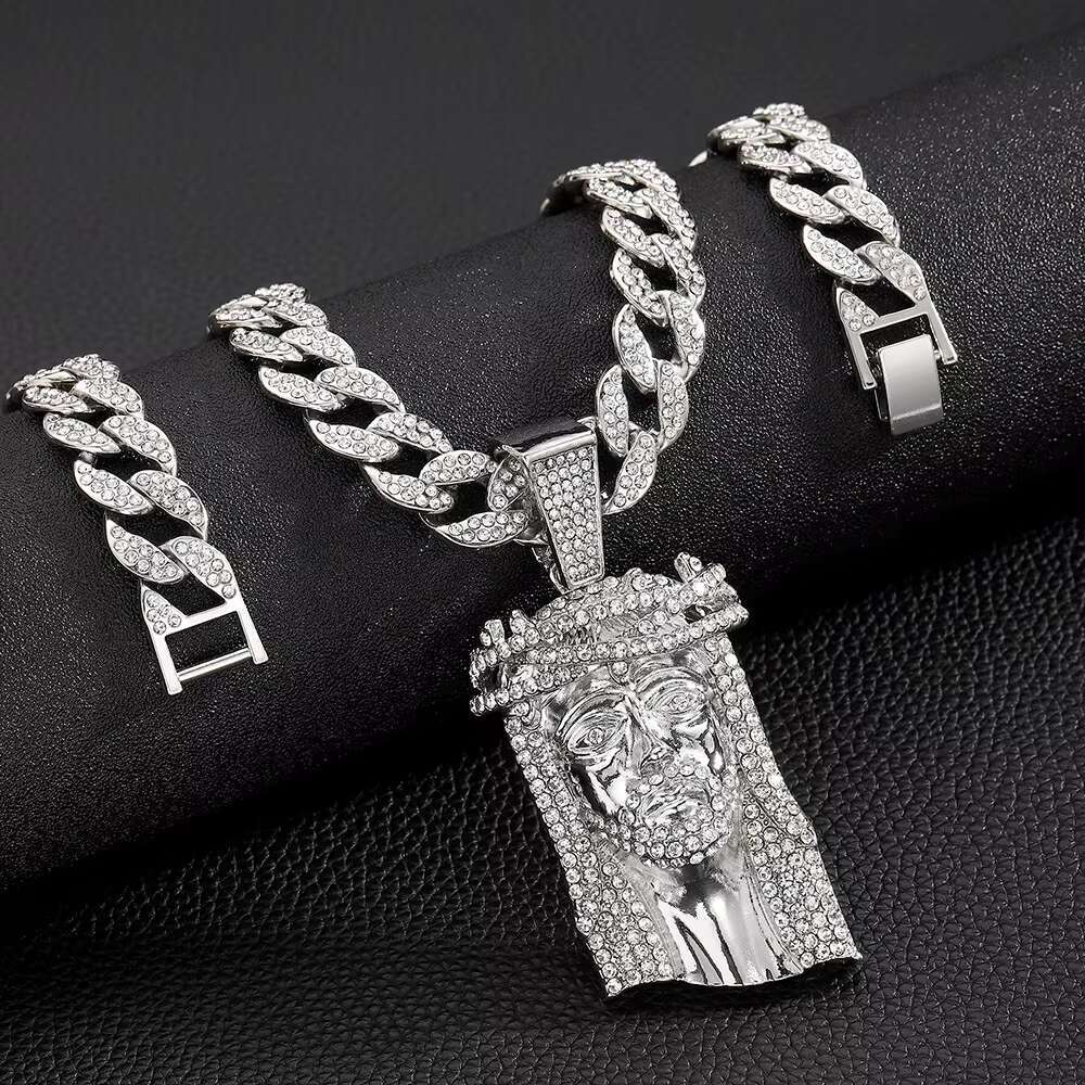 European American Mens Stylish Gold Plated Hip-Hop Necklace Exaggerated Alloy Rhinestone Chains Number Pattern JESUS MAN Face