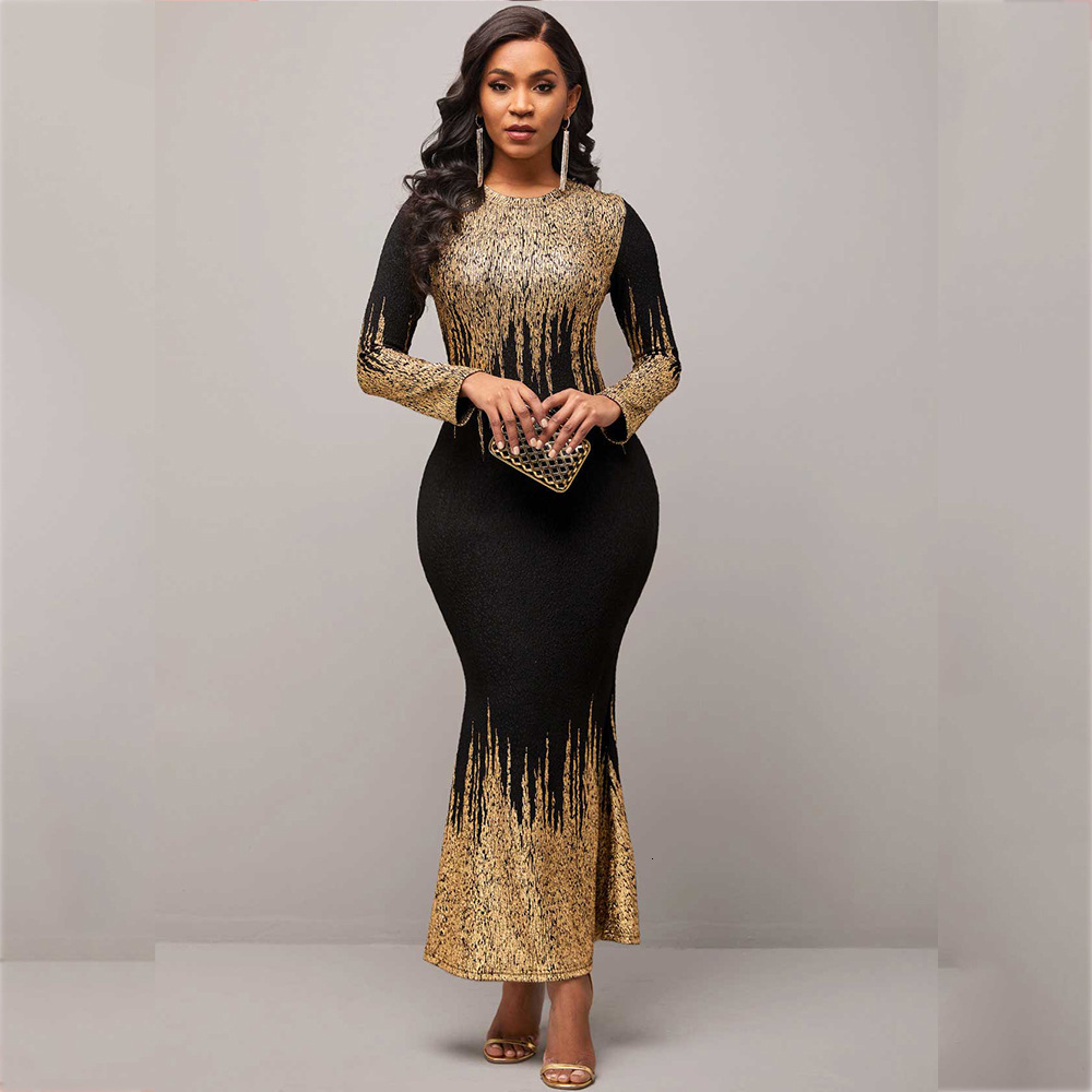 Women Dresses Designer Style Gold Foil Print Slim Fit Long Sleeve Dress Autumn Winter Evening Dress Mermaid Dress Luxury Dress Evening Dress Beach Dre