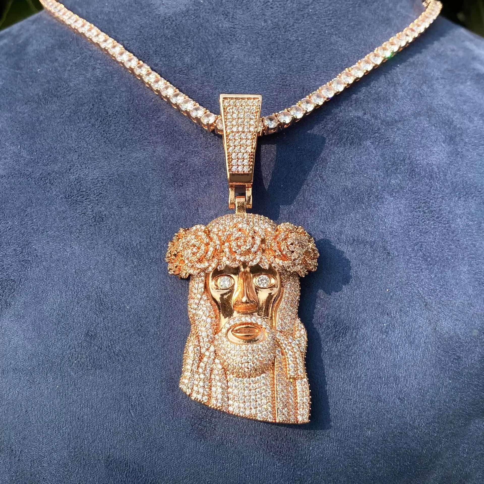 Rose Gold Tone Huge Spooky Big Jesus Head Zircon Rose Crown Charm Jumbo Pendant Green Cubic Zirconia Necklace