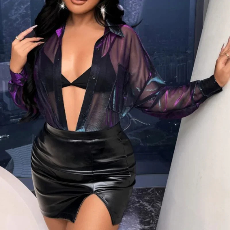 Fashionable Laser Holographic ColorChanging Silk Shirt Long Sleeves Loose Fit Elegant n Womens Blouse With Button 250617