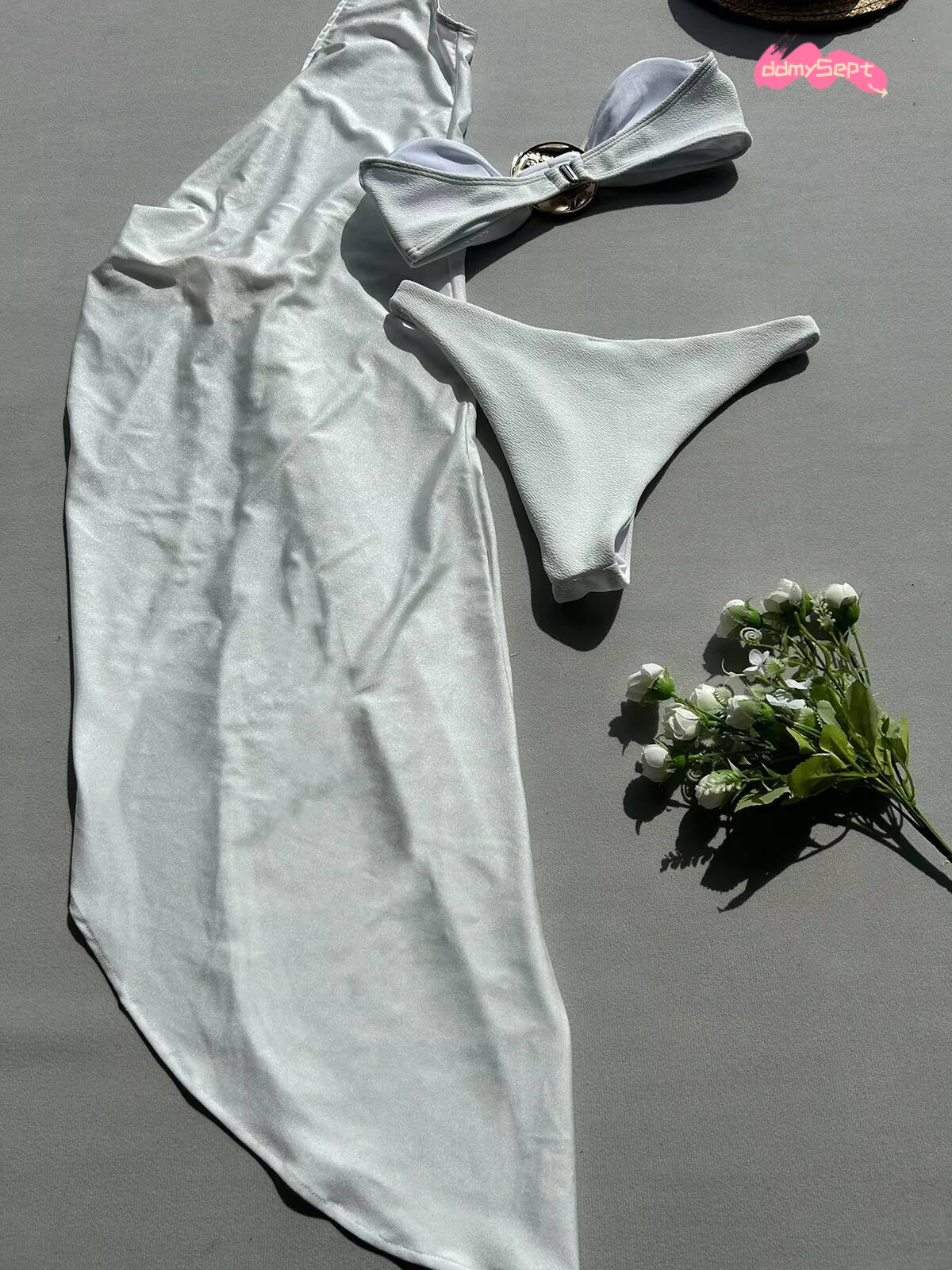 Soldi Color White 3 Piece Swimsuit for Women Sexy Mesh Single Shoulder Robe Cover-ups Bikini Set Strapless Bathing Suit 2025 New ddmysept