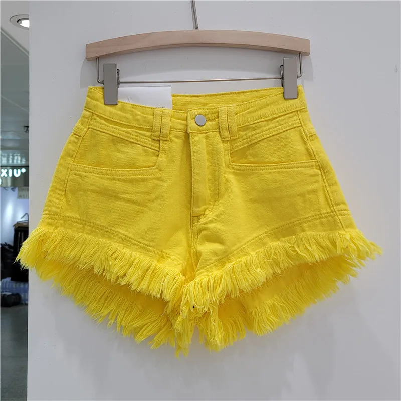 Orange Denim Shorts Women Green Pants Summer Womans Clothing All-Match Ins Fashion Wide-Leg Ripped Tassel Shorts 250614