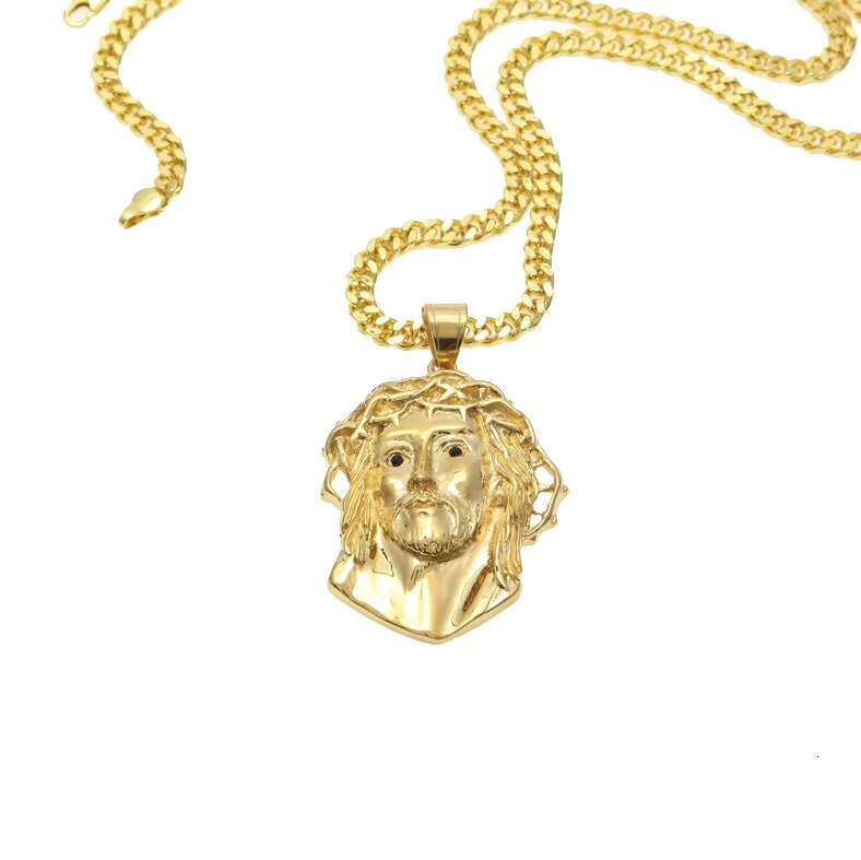 18k Gold Tone Steel Huge Spooky Big Jesus Head Black Zircon Charm Jumbo Pendant Cubic Zirconia Eye Jesus Necklace