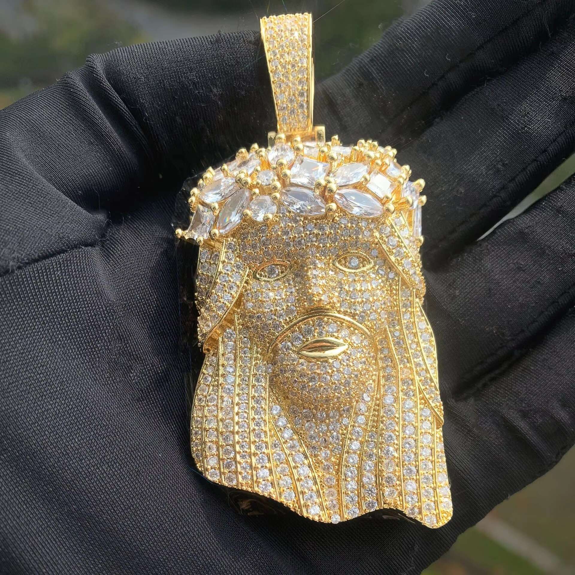 14K Gold Finish Huge Spooky Big Jesus Head Marquise Zircon Charm Iced Out Crown Jumbo Pendant Cubic Zirconia Necklace for Men